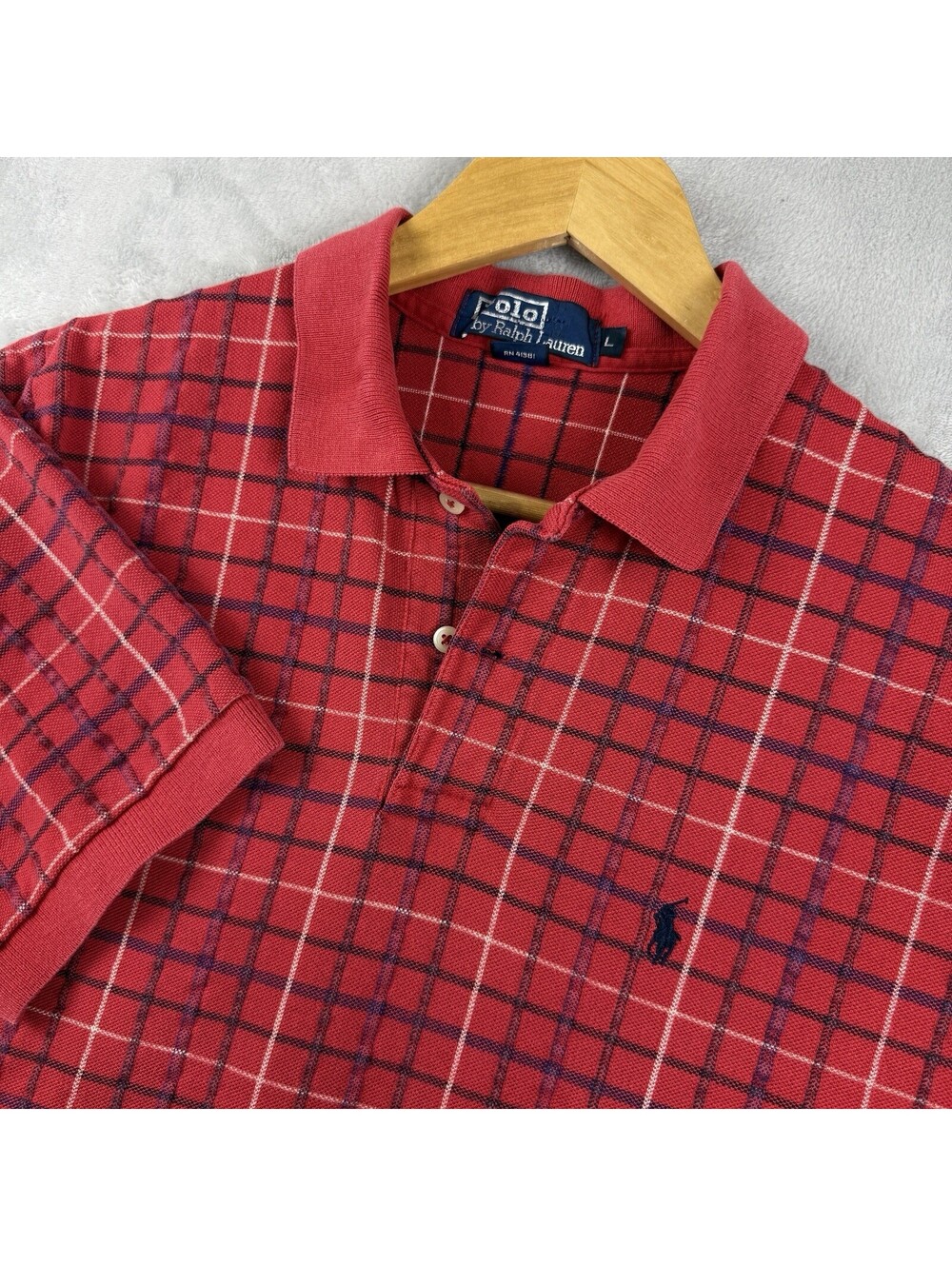 Vintage Polo Ralph Lauren Red Plaid Polo Shirt Made USA Tartan Texture MenL Prep